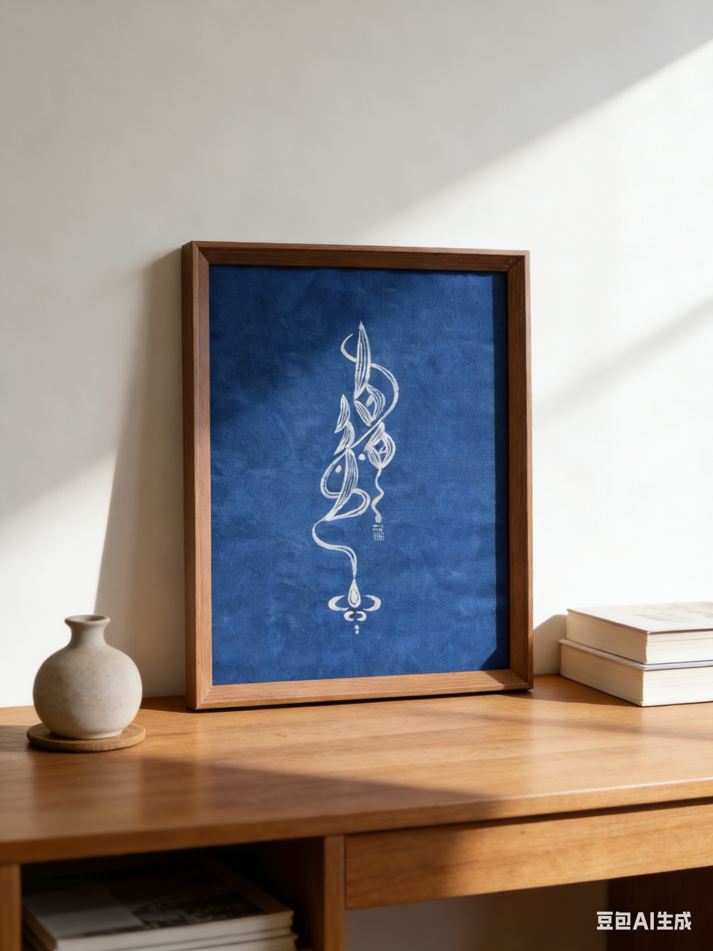 BA-18: Hand-Painted Enduring Fortune – Nüshu Wax-Dyed Indigo Batik Textile-Wall Art  / Table Placement