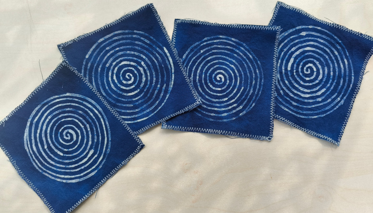 Indigo Batik Coaster, Handmade Spiral Drink Coaster, Blue White Mug Rug, Artisan Table Decor, Housewarming Gift #B12