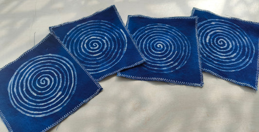 BA-12: Indigo Spiral Batik Coaster Set – Handmade Textile Art for the Table