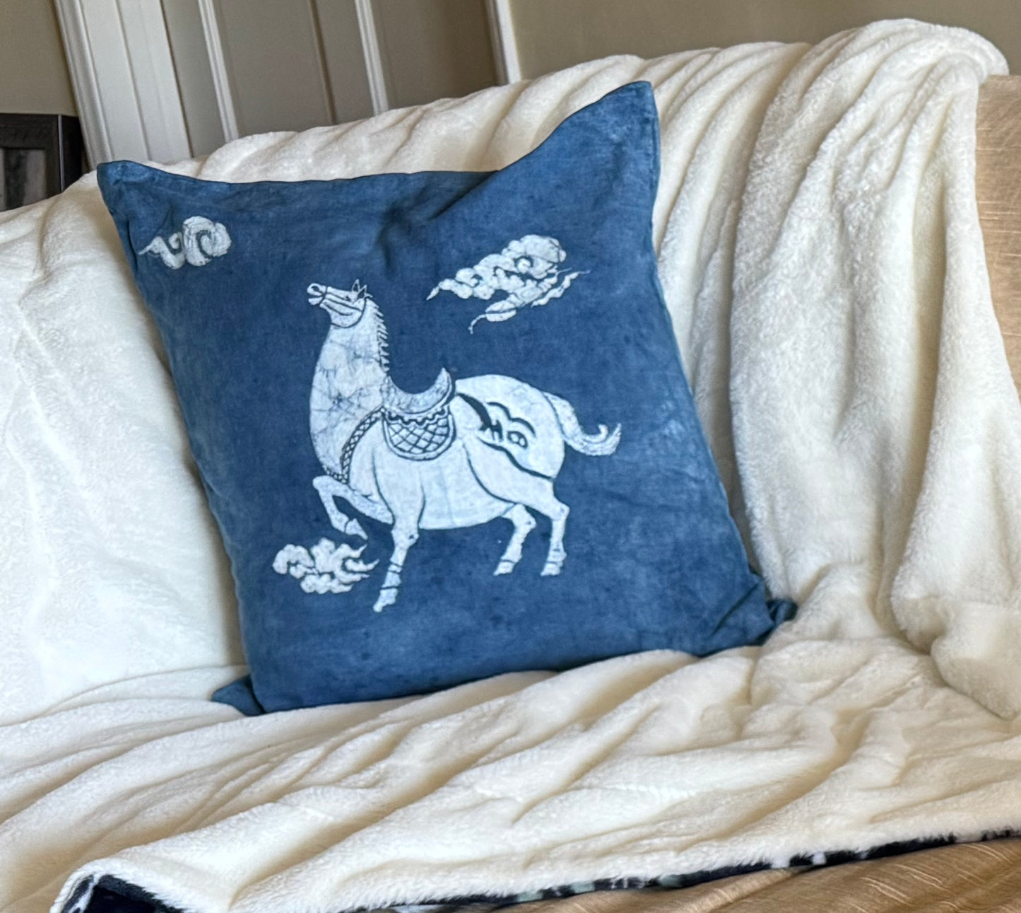 BA-06b: Handmade Batik Horse Pillow Cover, Indigo Blue Cotton, Boho Farmhouse Decor