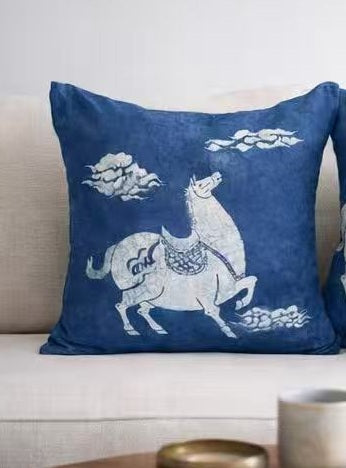 BA-06b: Handmade Batik Horse Pillow Cover, Indigo Blue Cotton, Boho Farmhouse Decor