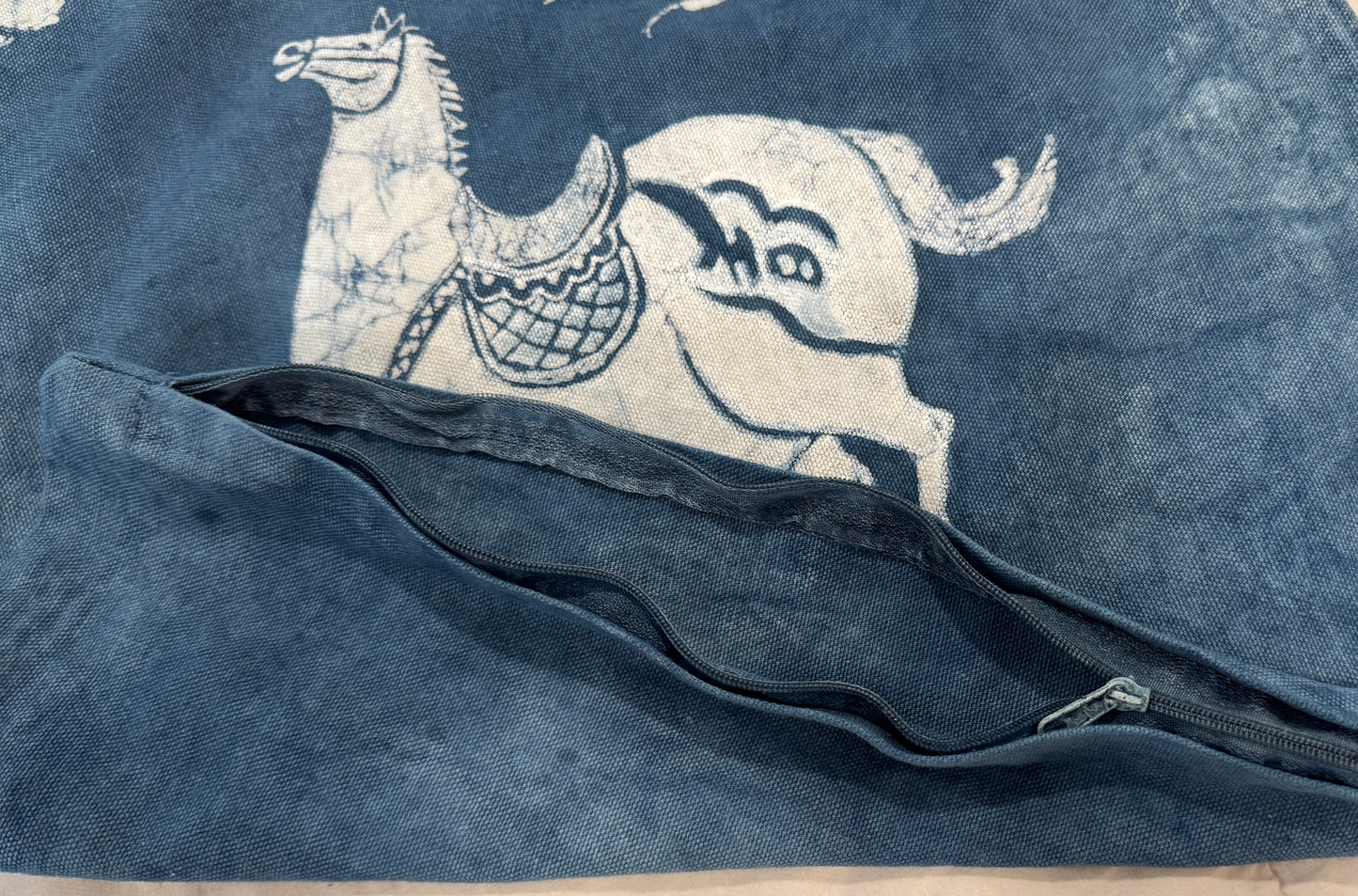 BA-06b: Handmade Batik Horse Pillow Cover, Indigo Blue Cotton, Boho Farmhouse Decor
