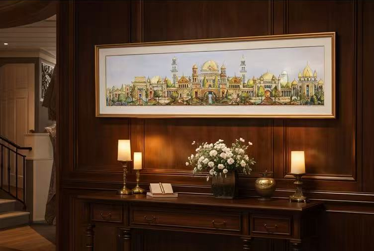 AP-07: Dreams of the Golden Kingdom – Color Edition | Limited Edition Signed Panoramic Art Print (8x38) by Kurt Xu | Architectural Cityscape Wall Art (Unframed)