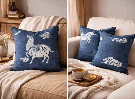 BA-06b: Handmade Batik Horse Pillow Cover, Indigo Blue Cotton, Boho Farmhouse Decor