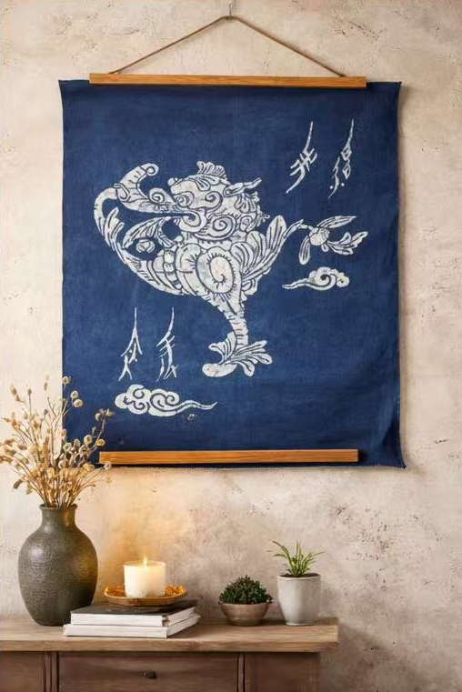 Indigo Batik Wall Art, BLESSED BEAST (FU) Textile Wall Hanging, Blue White Zen Decor, Handmade Cotton Tapestry, Framed Boho Wall Decor #B04