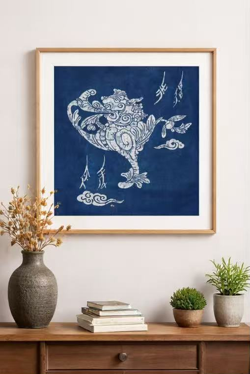Indigo Batik Wall Art, BLESSED BEAST (FU) Textile Wall Hanging, Blue White Zen Decor, Handmade Cotton Tapestry, Framed Boho Wall Decor #B04