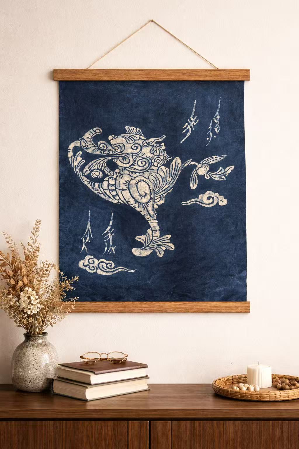 BA-04: Hand-Painted Batik Indigo "Blessed Beast" (Fu Beast),  Wall Art