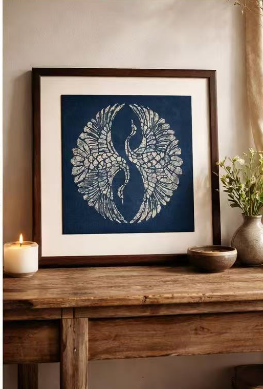 Indigo Batik Wall Art Framed Textile Two Cranes in a Tai Chi Pattern Original Art Decorative Painting Handmade Decor #BA-09