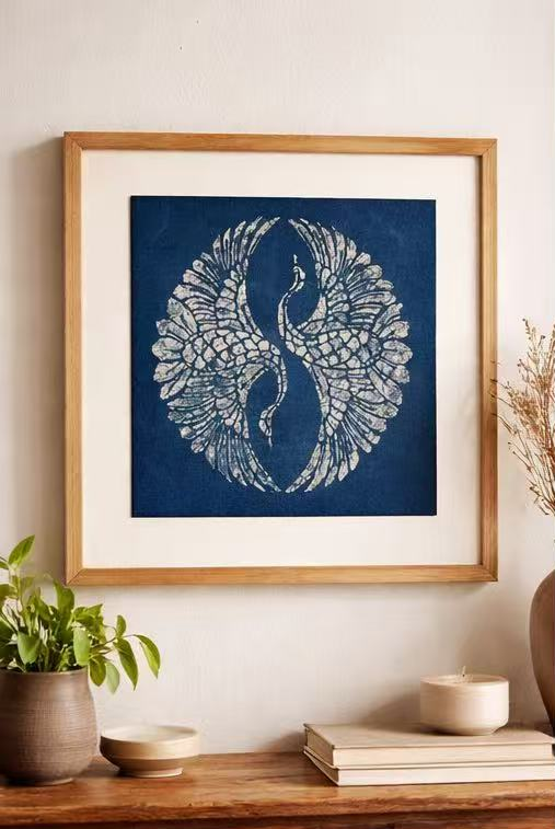 Indigo Batik Wall Art Framed Textile Two Cranes in a Tai Chi Pattern Original Art Decorative Painting Handmade Decor #BA-09
