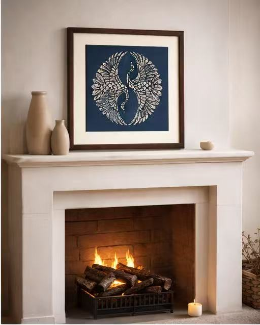 Indigo Batik Wall Art Framed Textile Two Cranes in a Tai Chi Pattern Original Art Decorative Painting Handmade Decor #BA-09