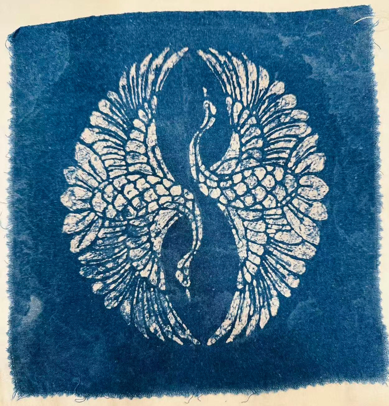 Indigo Batik Wall Art Framed Textile Two Cranes in a Tai Chi Pattern Original Art Decorative Painting Handmade Decor #BA-09