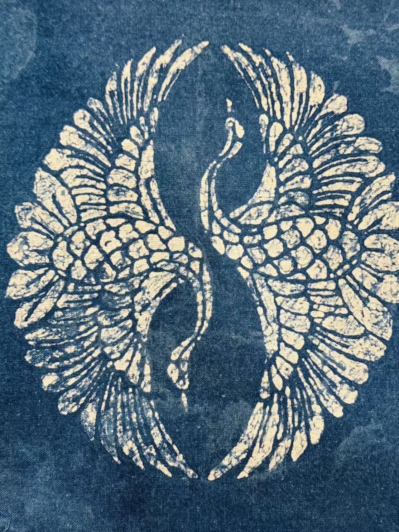 Indigo Batik Wall Art Framed Textile Two Cranes in a Tai Chi Pattern Original Art Decorative Painting Handmade Decor #BA-09
