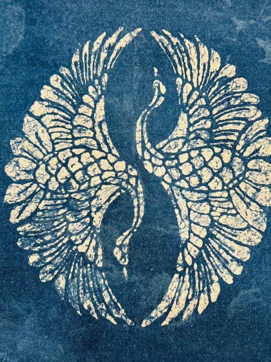 Indigo Batik Wall Art Framed Textile Two Cranes in a Tai Chi Pattern Original Art Decorative Painting Handmade Decor #BA-09