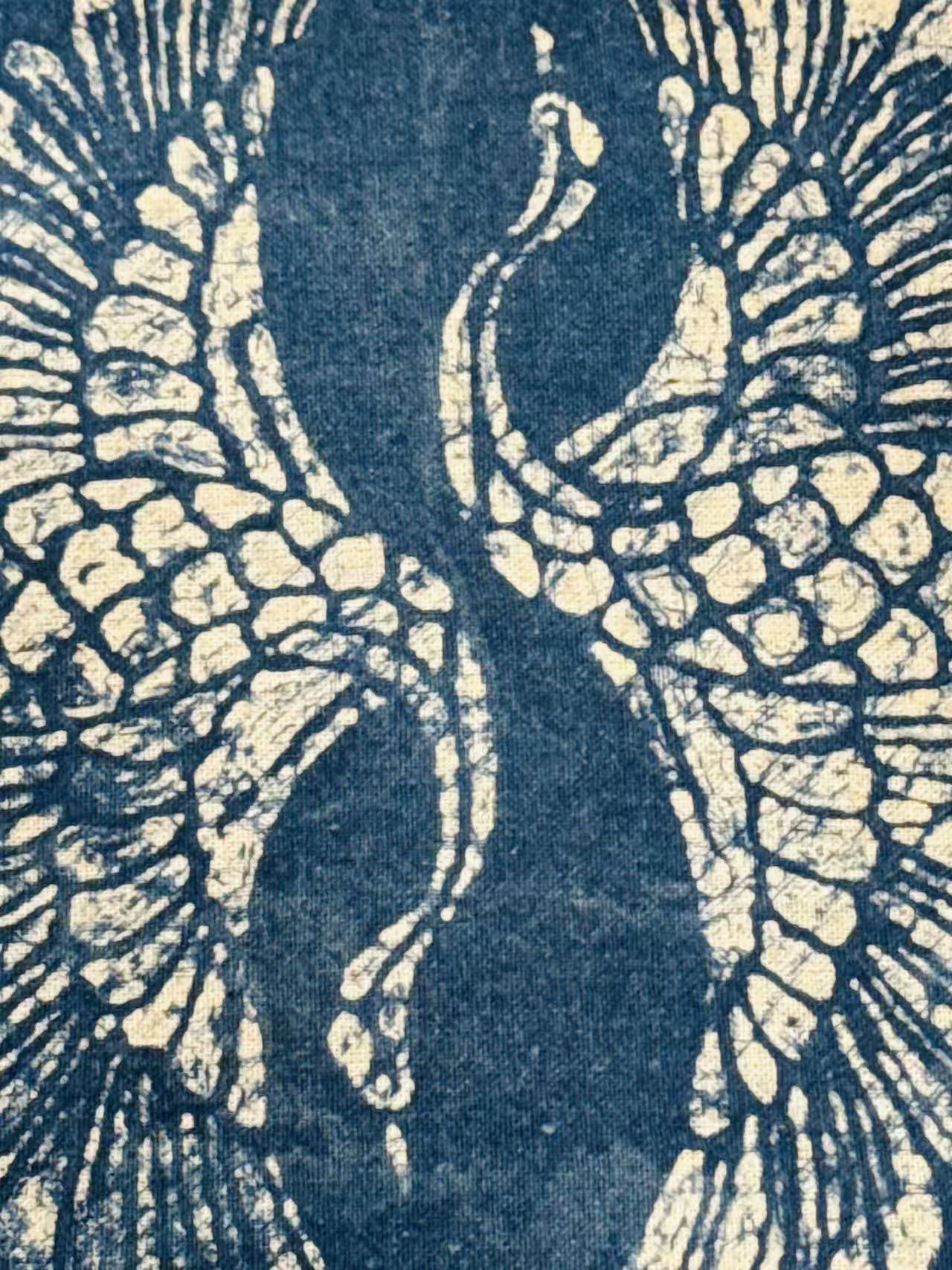Indigo Batik Wall Art Framed Textile Two Cranes in a Tai Chi Pattern Original Art Decorative Painting Handmade Decor #BA-09