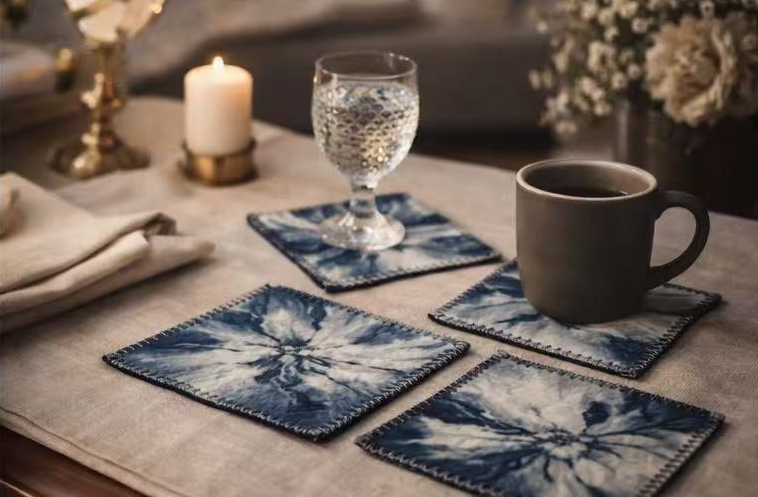 BA-11: Handmade Batik Blossom Coaster Set of 4 – Indigo Hand Dyed Textile Art for the Table – Artisan Floral Drink Mats