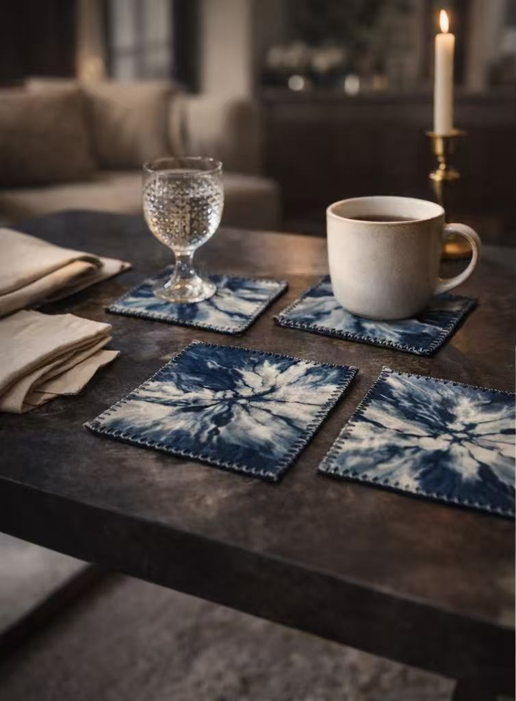 BA-11: Handmade Batik Blossom Coaster Set of 4 – Indigo Hand Dyed Textile Art for the Table – Artisan Floral Drink Mats
