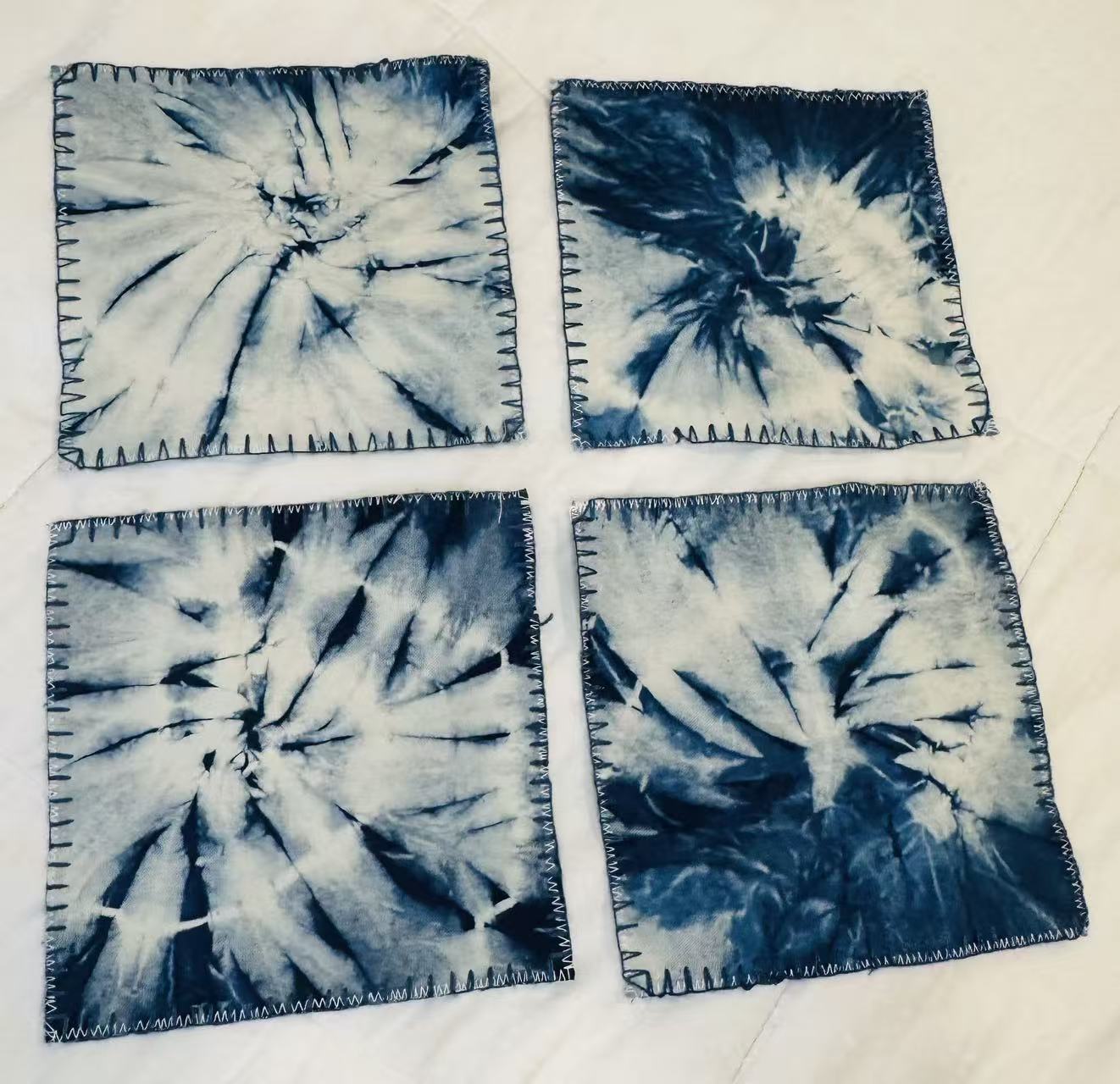 BA-11: Handmade Batik Blossom Coaster Set of 4 – Indigo Hand Dyed Textile Art for the Table – Artisan Floral Drink Mats