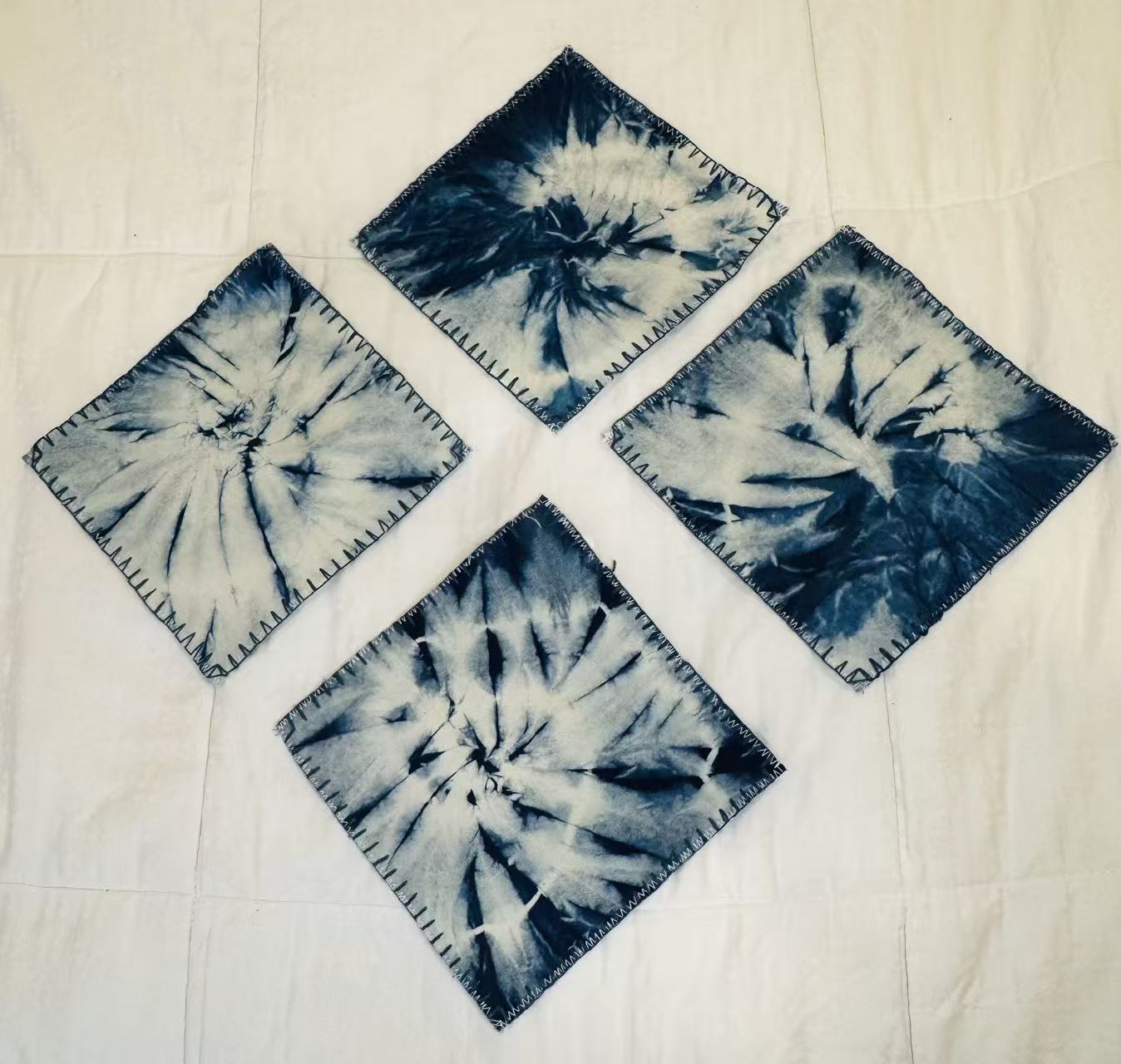 BA-11: Handmade Batik Blossom Coaster Set of 4 – Indigo Hand Dyed Textile Art for the Table – Artisan Floral Drink Mats