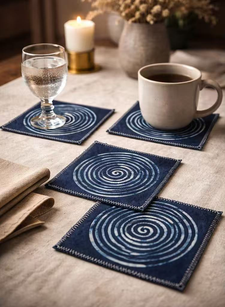 BA-12: Indigo Spiral Batik Coaster Set – Handmade Textile Art for the Table