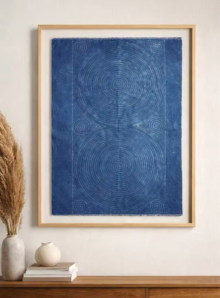 Indigo Batik Wall Hanging, Nushu Forturn Symbol Art, Chinese Textile Wall HangingDecor, Blue White Zen Wall Art, Handmade Cotton Tapestry, Framed Boho Wall Decor #B18