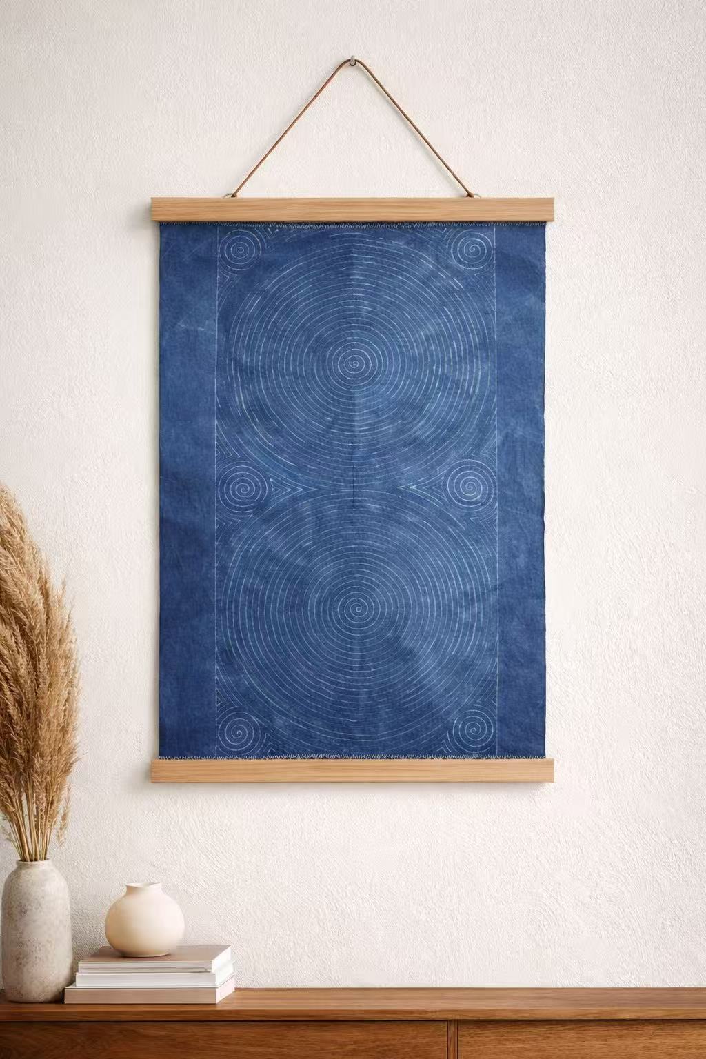 Indigo Batik Wall Art, Wotuwen, Miao Spiral pattern Textile Wall Hanging, Blue White Zen Decor, Handmade Cotton Tapestry, Framed Boho Wall Decor #B17
