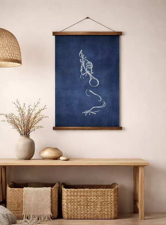 BA-18: Hand-Painted Enduring Fortune – Nüshu Wax-Dyed Indigo Batik Textile-Wall Art  / Table Placement