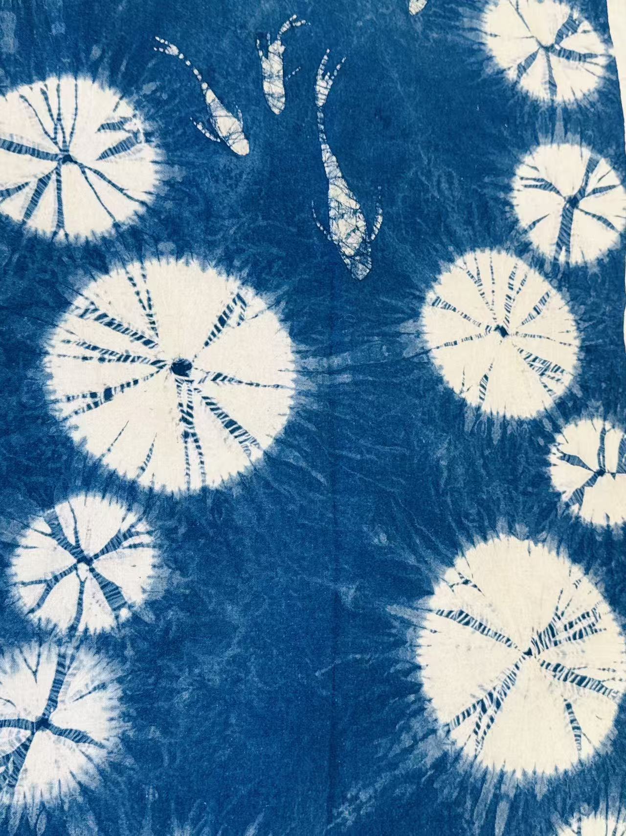 BA-20: Hand-Painted Lotus Pond Indigo Scroll – Shibori Cotton Tea Mat & Wall Art