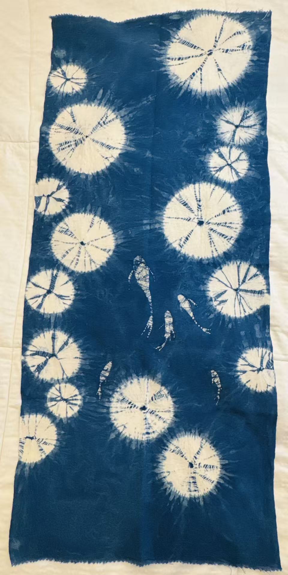 BA-20: Hand-Painted Lotus Pond Indigo Scroll – Shibori Cotton Tea Mat & Wall Art