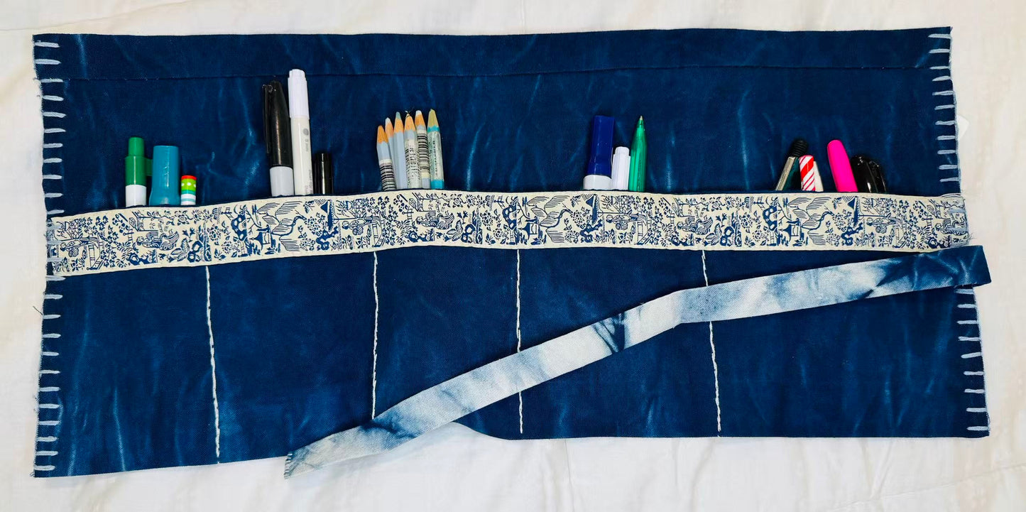 BA-23: Blue Whisper Indigo Roll Bag – Handmade Cotton Organizer –  One of a Kind Makeup & Pencil Case
