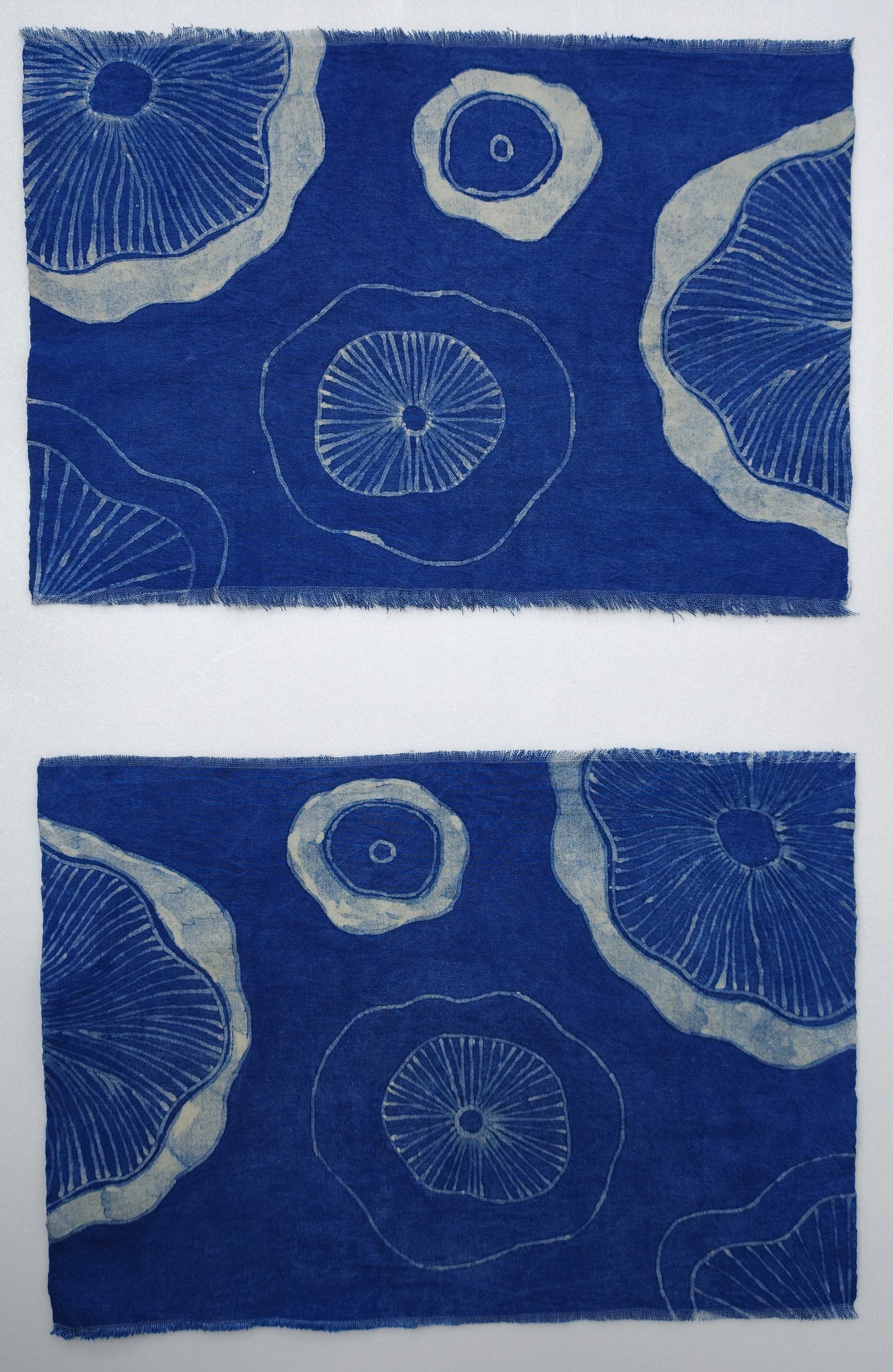 Set of 2 Hand-Dyed Batik, Indigo Shibori Cotton Linen Placemat, Hand-Painted Green Lotus in Bloom, Blue White Dye #BH19B