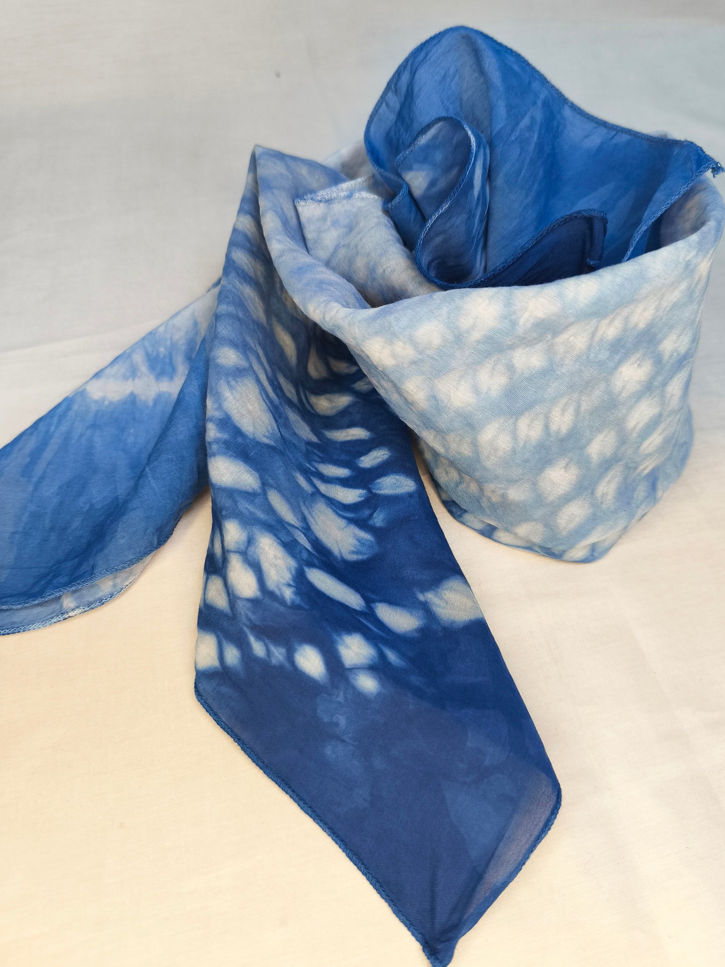 Indigo Tie Dye Scarf, Blue Wave Fish Scale Scarf ,  Cotton Scarf Wrap, Hand Dyed Fringe Scarf,  Travel Accessory, Blue Batik Shawl, Shibori Scarf, Art to Wear，Statement Scarf，Festival Outfit, Slow Fashion Clothing, Gift for Her #BH21E