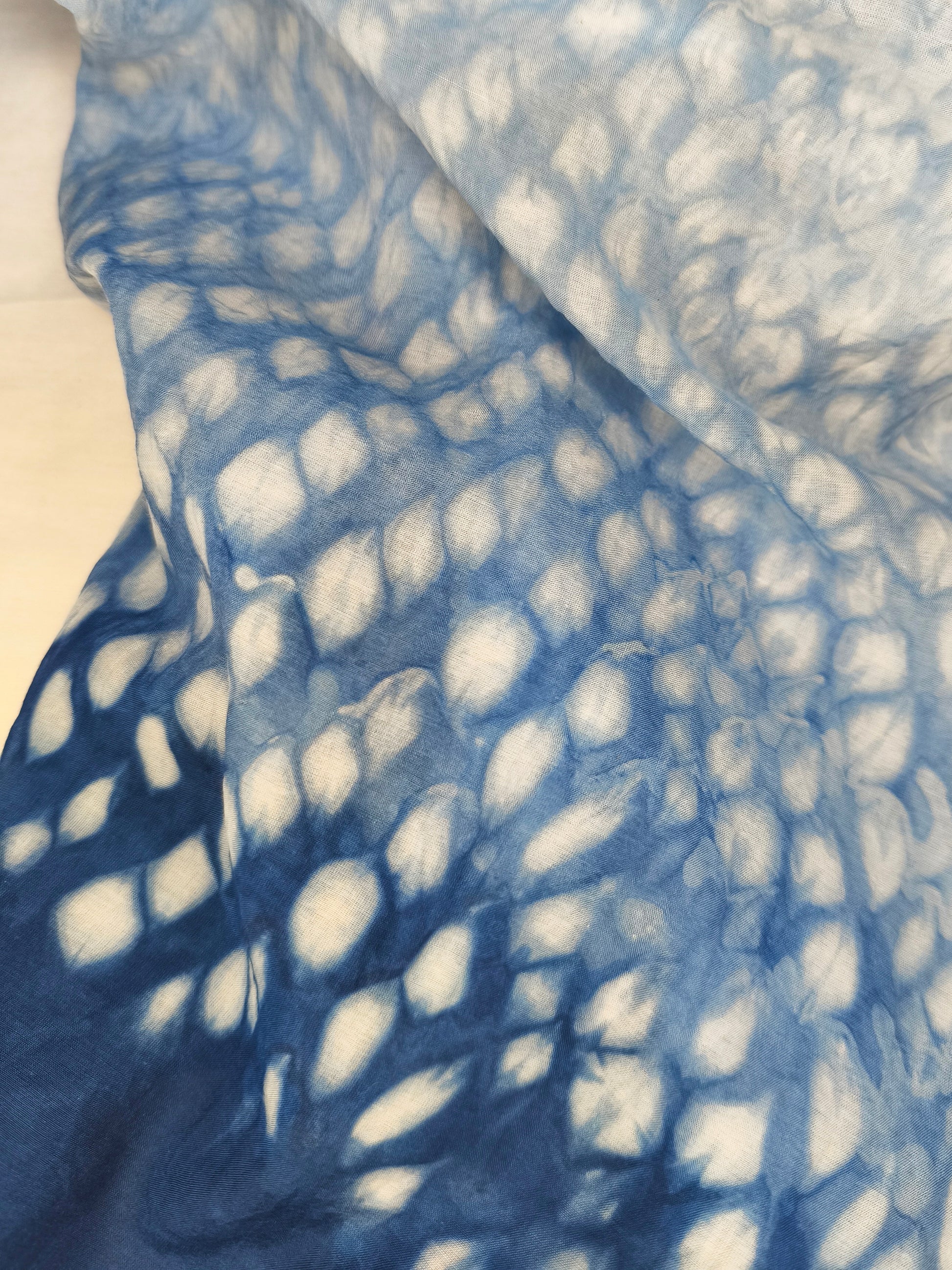 Close-up of fabric with blue and white pattern