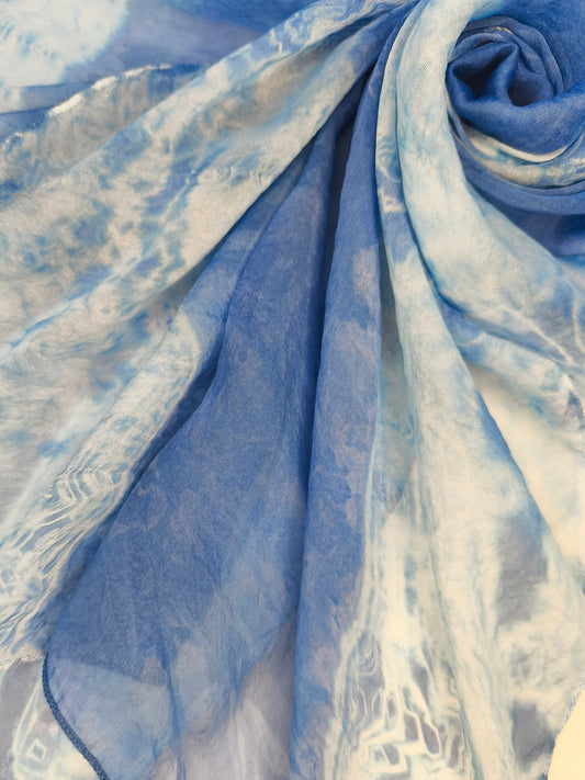 Close-up of blue and white patterned fabric