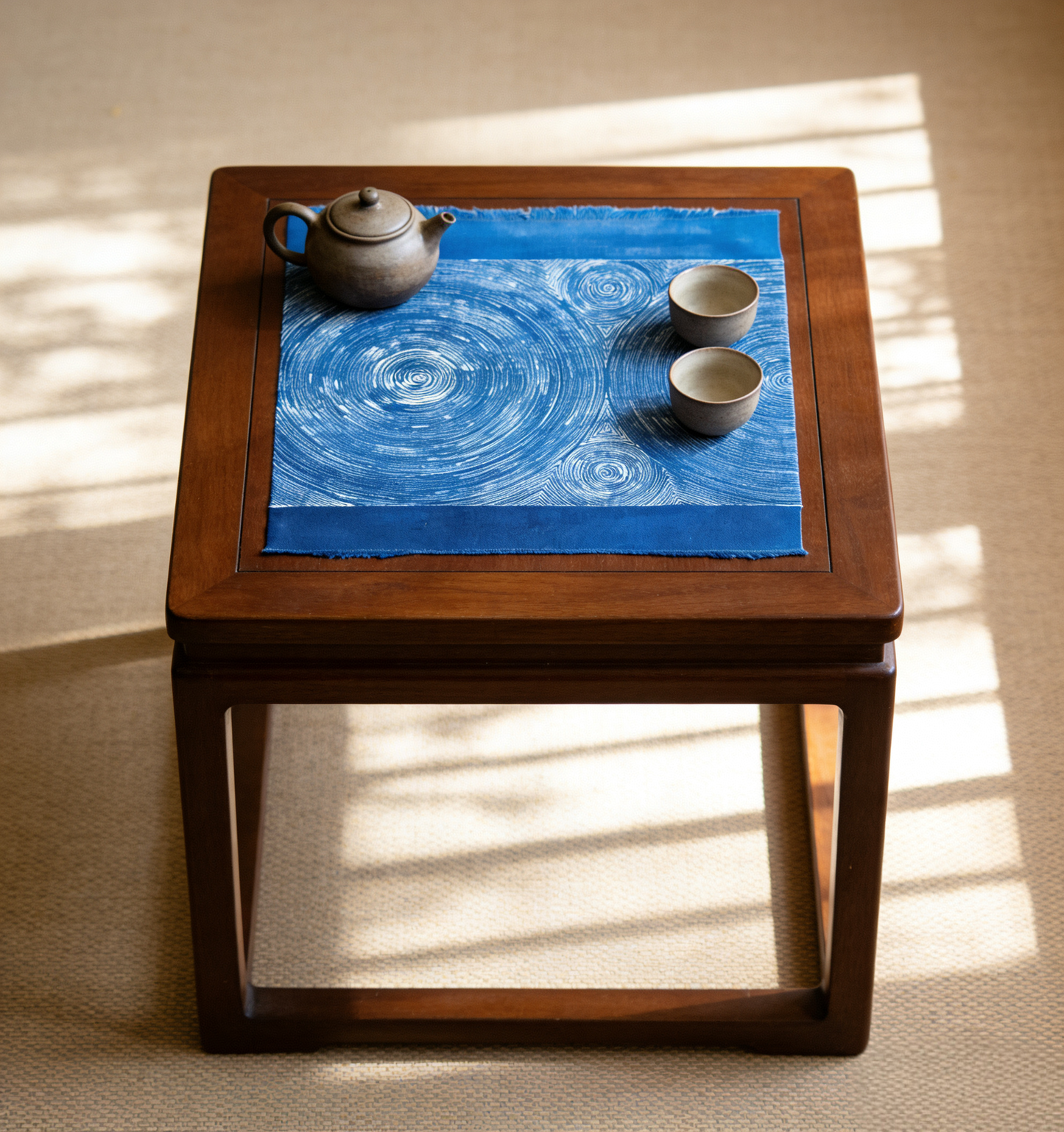 Indigo Dyed Zen Wrap Batik Tea Mat, Indigo Shibori Hand Paint Table Mat, Hand Dyed Cotton Table Tea Mat, Blue  White Table Linen #BH22D