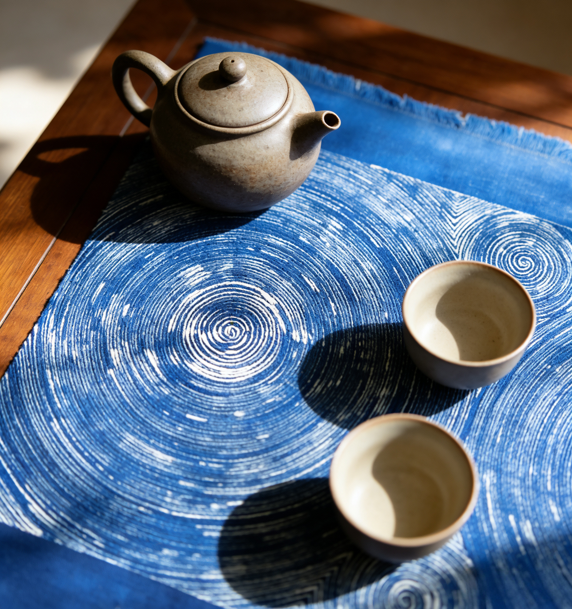 Tea set with a teapot and two cups on a blue textured surface.