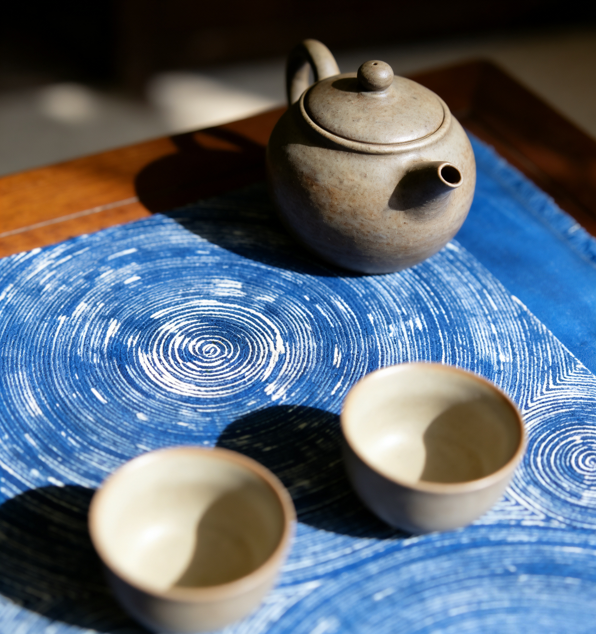Teapot and two cups on a blue textured surface