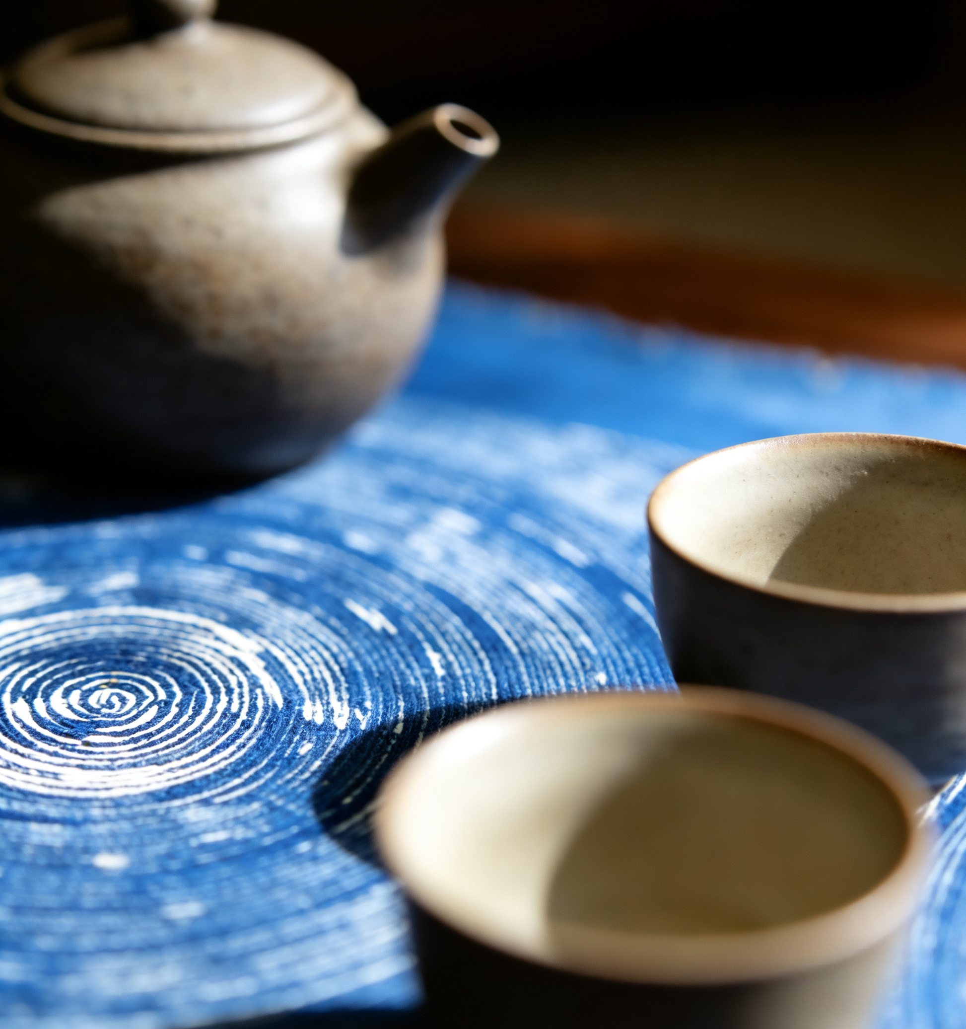 Ceramic teapot and two cups on a blue textured surface
