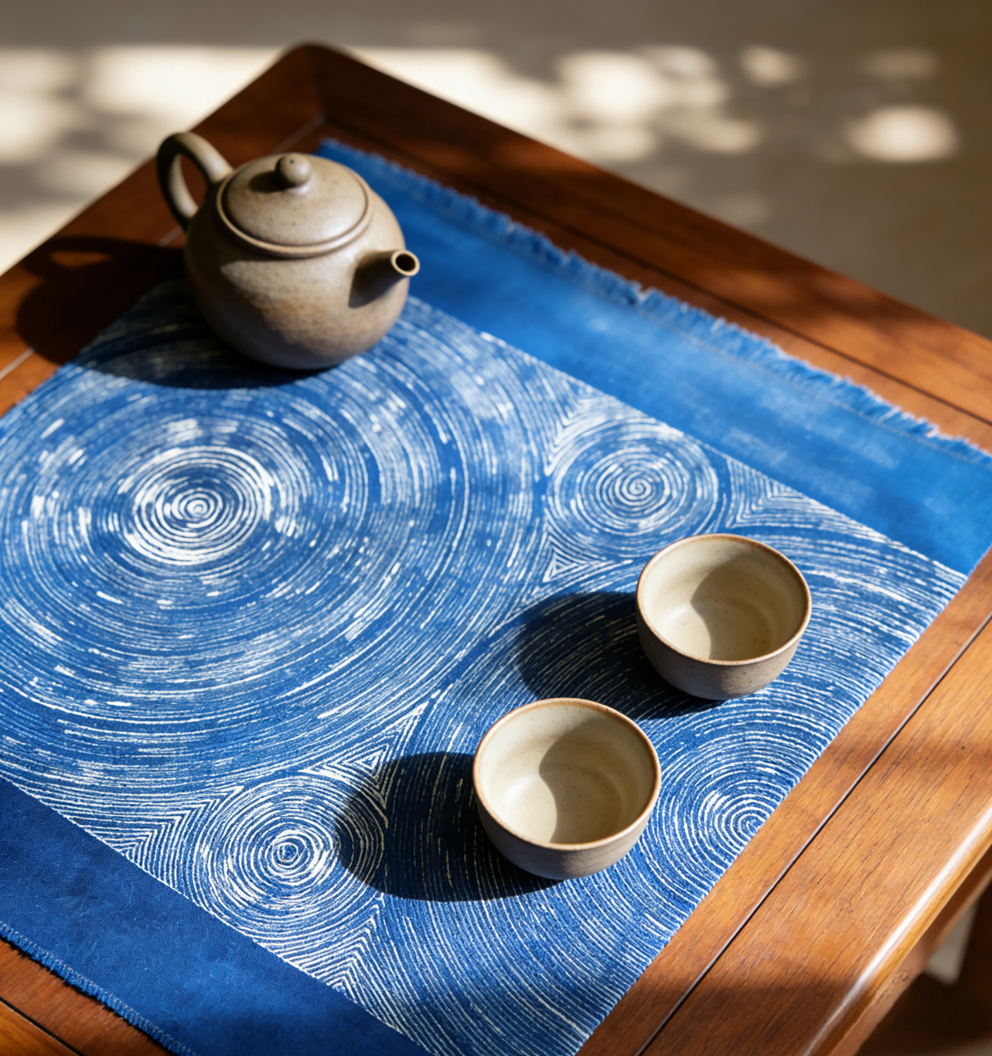 Tea set on a wooden tray with a blue placemat featuring white circular patterns.