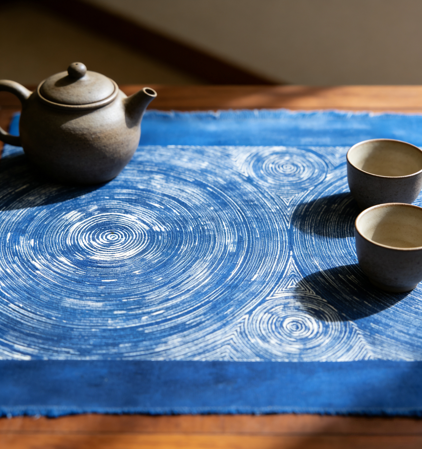 Tea set on a blue tablecloth with concentric circle pattern