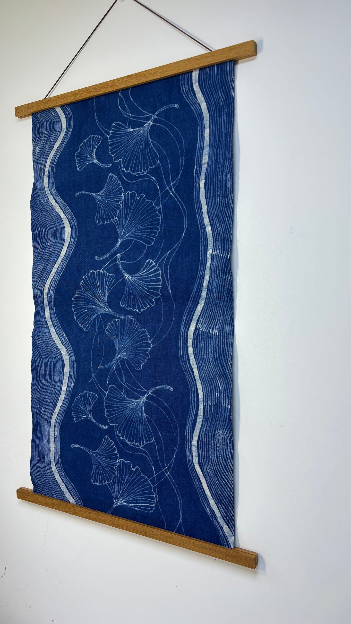 Handmade Indigo Batik Ginkgo Wall Hanging, Botanical Textile Art, Wabi-Sabi Zen Home Décor, Cotton Wall Art