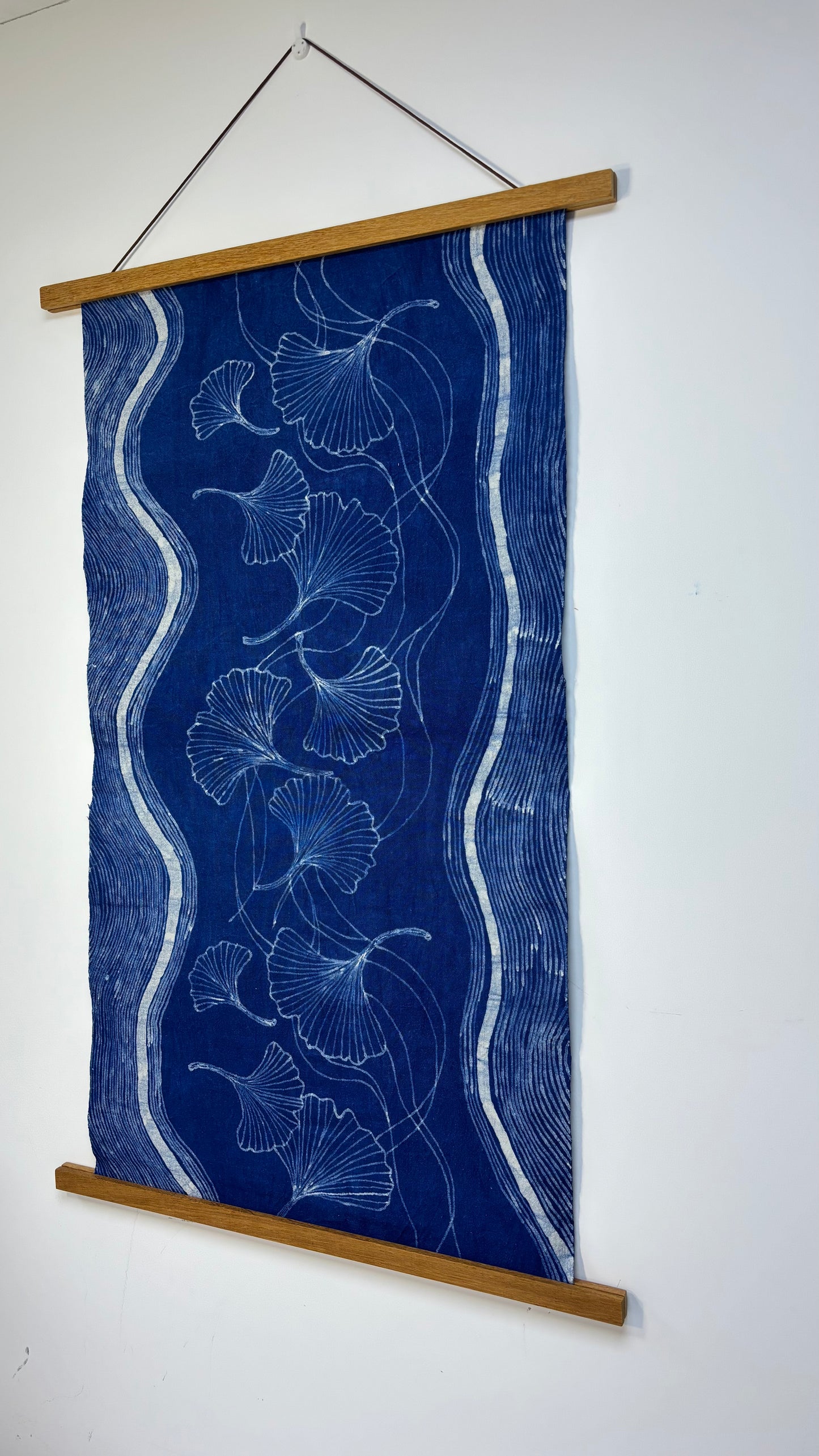 Handmade Indigo Batik Ginkgo Wall Hanging, Botanical Textile Art, Wabi-Sabi Zen Home Décor, Cotton Wall Art
