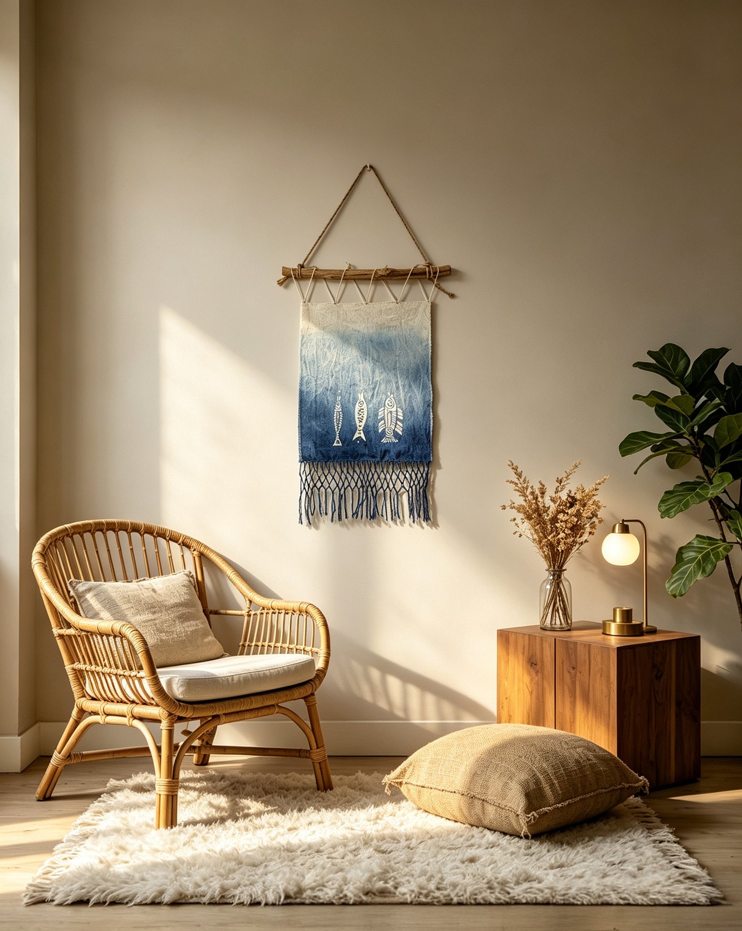 Handmade Han Dynasty Fish Batik Wall Hanging, Indigo Macramé Tapestry, Boho Wall Décor, Chinese Lucky Fish Art