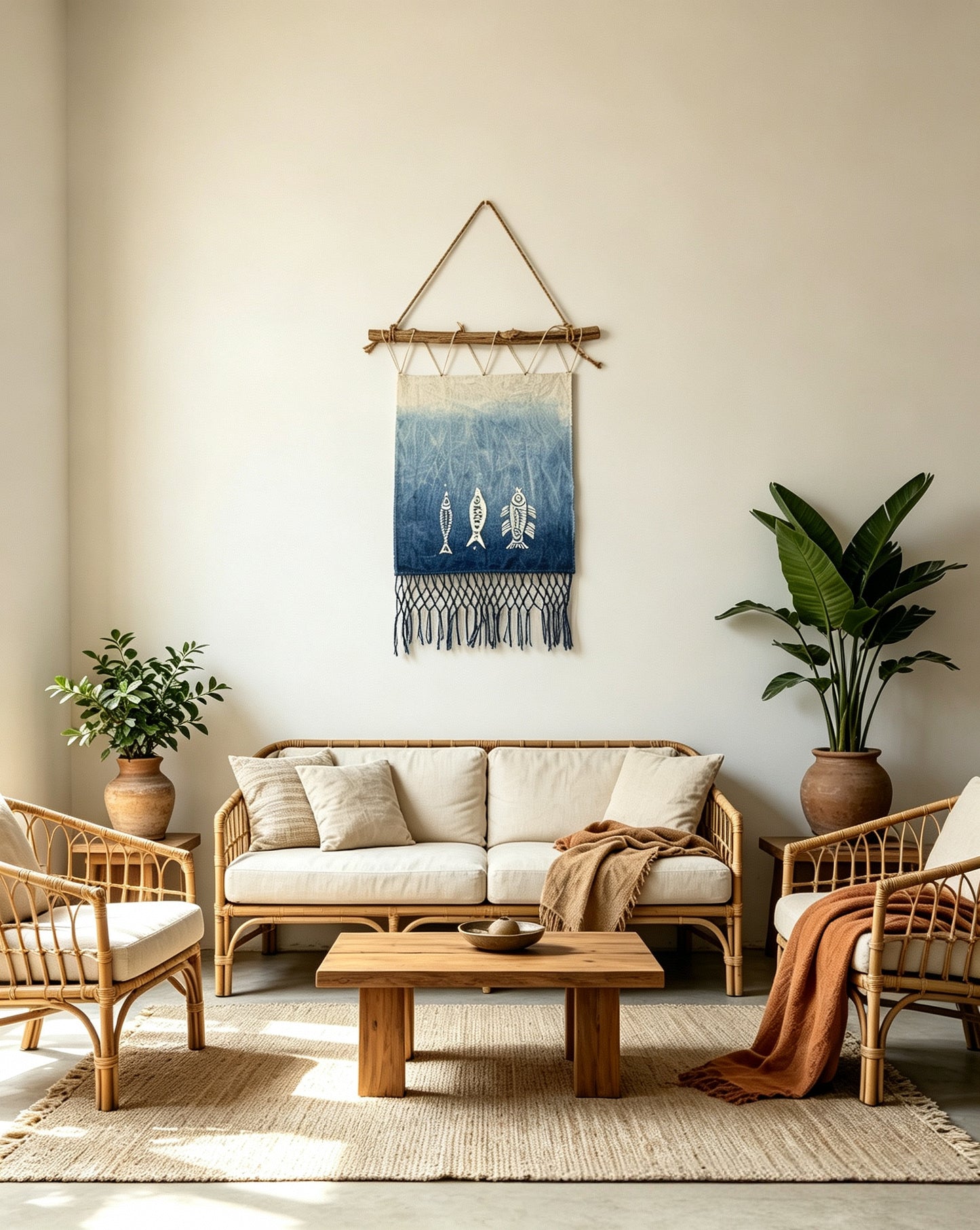 Handmade Han Dynasty Fish Batik Wall Hanging, Indigo Macramé Tapestry, Boho Wall Décor, Chinese Lucky Fish Art