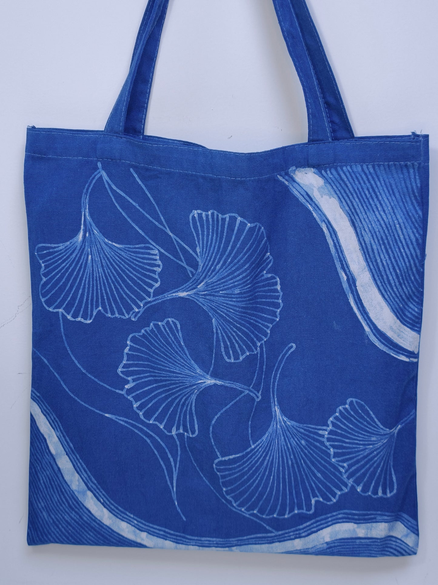 Handmade Indigo Batik Ginkgo Tote Bag, Large Cotton Canvas Shoulder Bag, Eco-Friendly Everyday Market Tote
