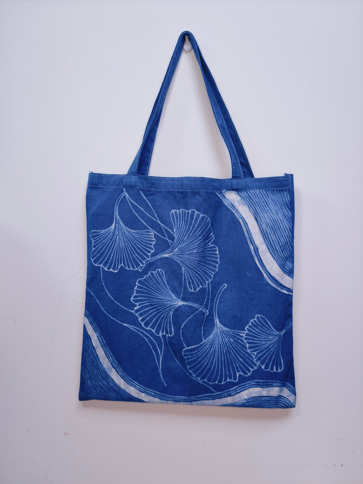 Handmade Indigo Batik Ginkgo Tote Bag, Large Cotton Canvas Shoulder Bag, Eco-Friendly Everyday Market Tote