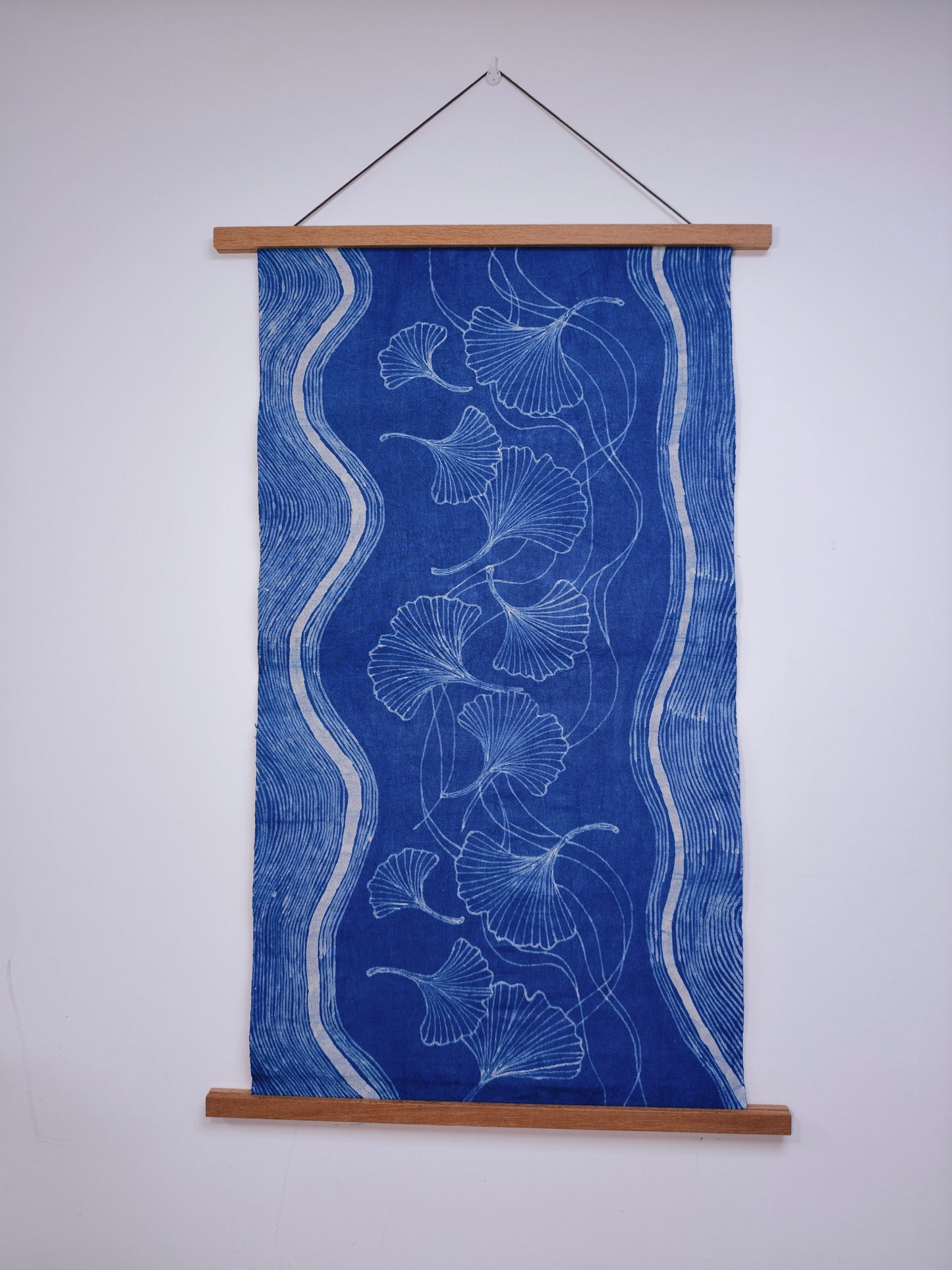Handmade Indigo Batik Ginkgo Wall Hanging, Botanical Textile Art, Wabi-Sabi Zen Home Décor, Cotton Wall Art