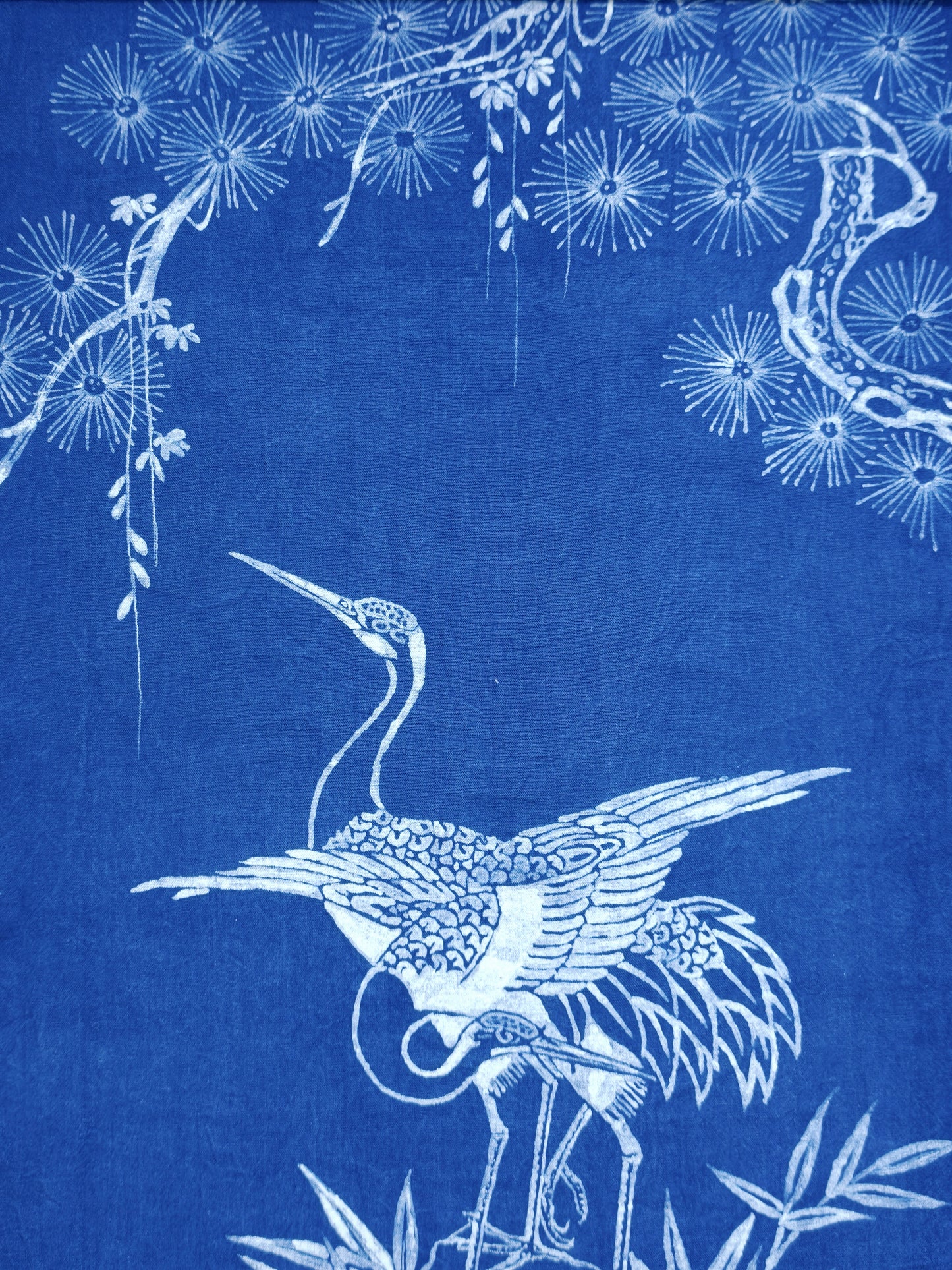 Handmade Indigo Batik Pine & Crane Wall Hanging, Chinese Longevity Textile Art, Zen Home Décor, Cotton Wall Art