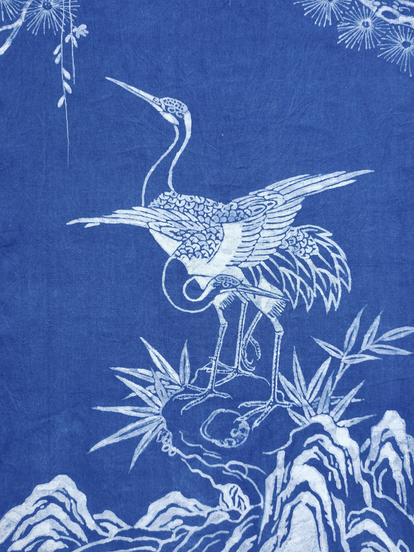 Handmade Indigo Batik Pine & Crane Wall Hanging, Chinese Longevity Textile Art, Zen Home Décor, Cotton Wall Art