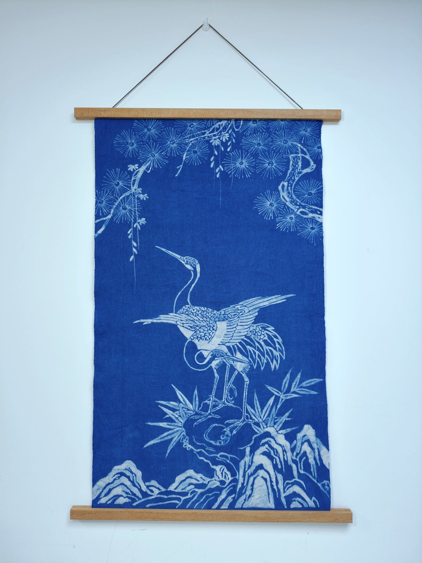Handmade Indigo Batik Pine & Crane Wall Hanging, Chinese Longevity Textile Art, Zen Home Décor, Cotton Wall Art