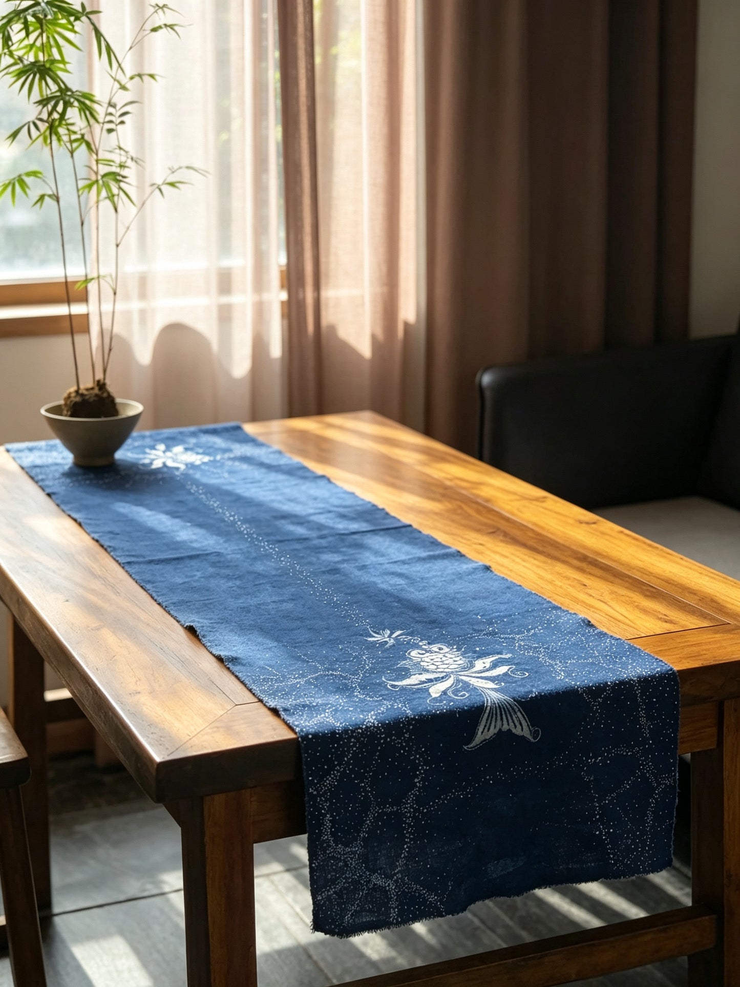 Handmade Indigo Batik Goldfish Table Runner, Vintage Homespun Cotton, Natural Indigo Dining Table Décor, Bubble Fish Design